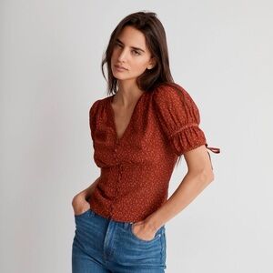 Madewell Georgette Button-Front Women's Puff Sleeve Top red burgundy pink floral